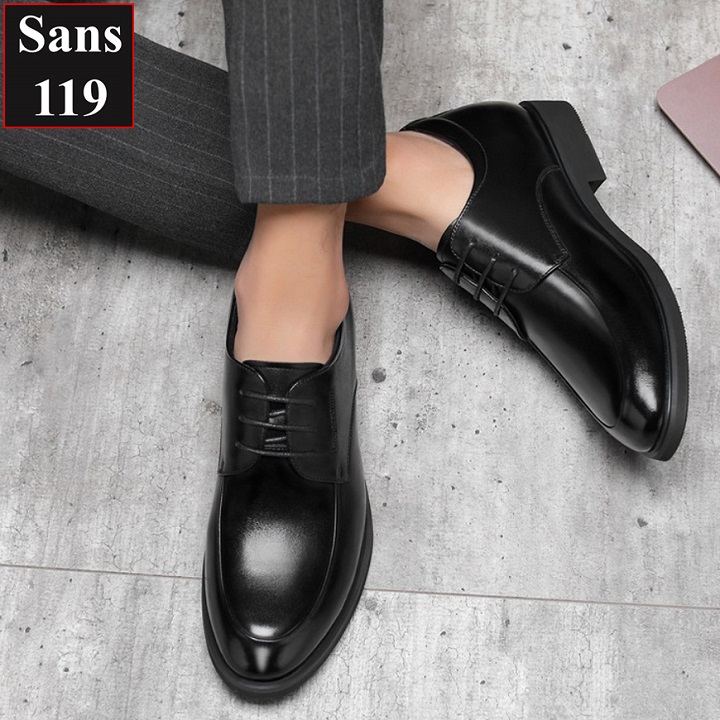 Giày tăng chiều cao nam da bò Sans119 độn đế 8cm công sở cao cấp buộc dây tây đen chú rể mặc vest size nhỏ 37 38 mũi tròn
