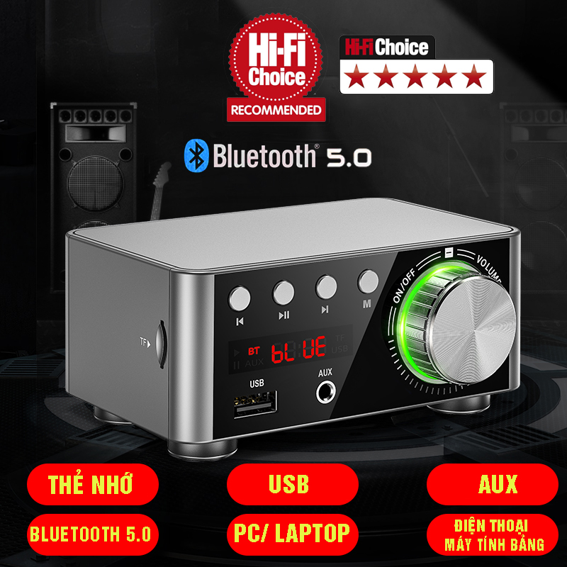 Amply Hifi Mini Bluetooth 5.0, tích hợp khe cắm thẻ nhớ, USB, AUX 3.5mm hỗ trợ đầy đủ định dạng âm thanh, kèm adapter củ sạc, dây loa MIHOCO BT5.0-Hàng chính hãng