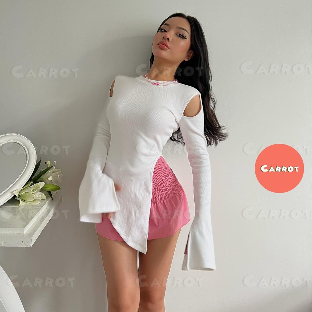 Croptop ôm tay dài trắng áo body nhúm chân váy tôn dáng trendy thời trang nữ carrotxinhdep
