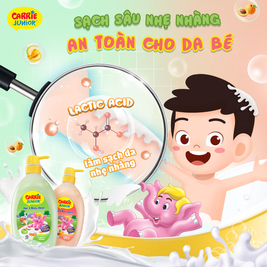 Combo 2 chai Sữa Tắm Gội cho bé Carrie Junior Yoghurt Hương Dưa Lưới Melon (700g/chai)