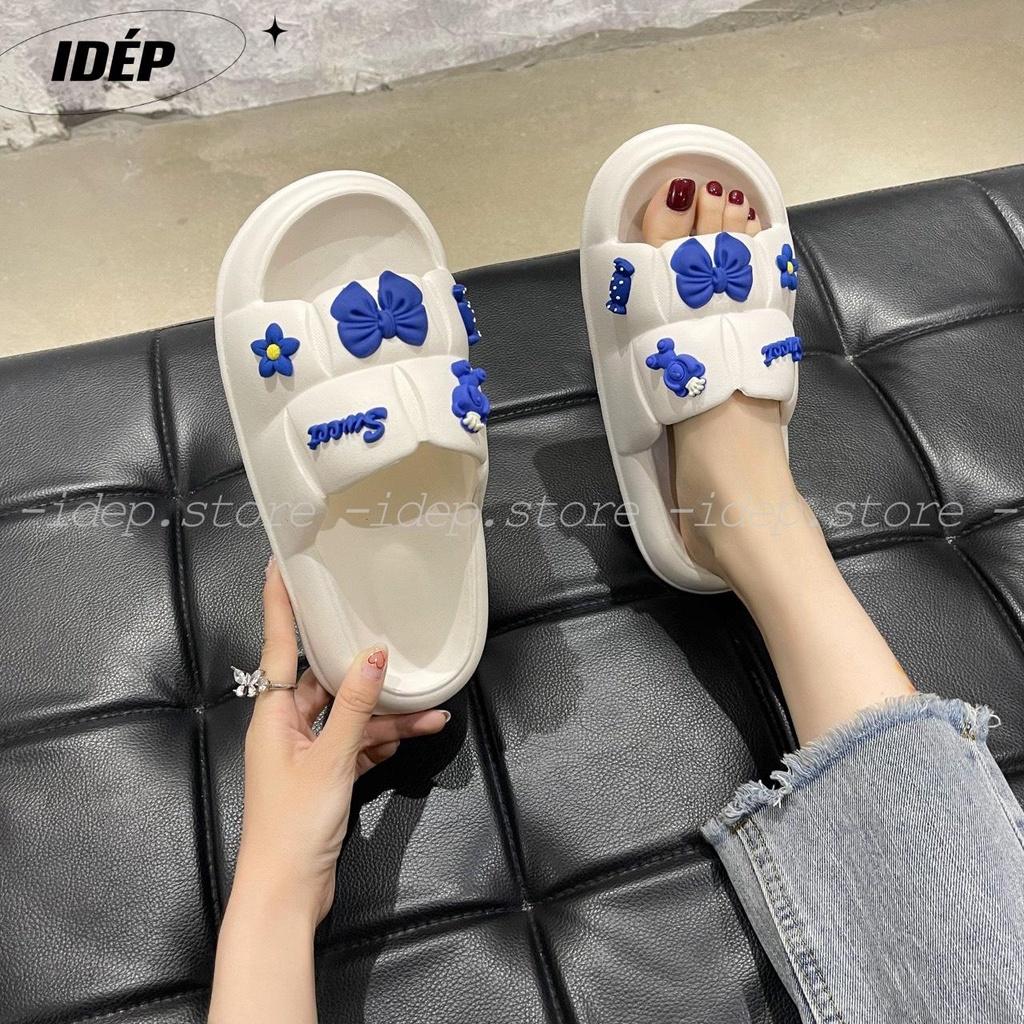 Dép bánh mì vuông sticker NƠ XANH nữ quai ngang cao 3cm chất EVA siêu nhẹ ulzzang 2022 iDÉP- DL280