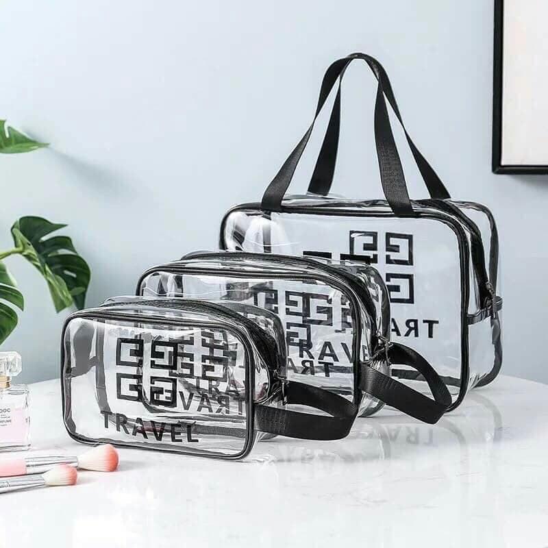 SET 3 TÚI ĐỰNG MĨ PHẨM QUẦN ÁO TRONG SUỐT GIVENCHY VÀ TRAVEL CÓ QUAI SÁCH