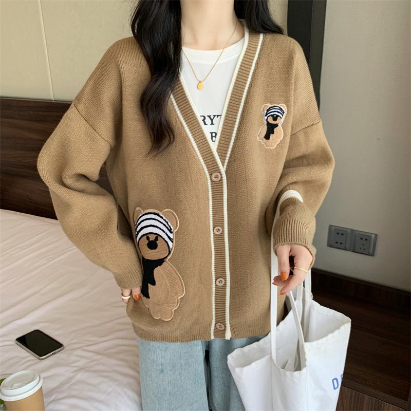 [L2M] Áo khoác len nữ THU ĐÔNG Cardigan THÊU GẤU ĐEO KHĂN vải dày dặn cực xịn xò