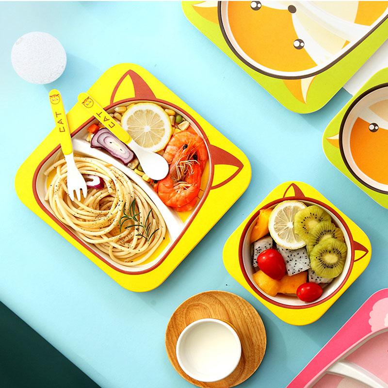 Mới 5 Bộ Cho Bé Sợi Tre Tự Nhiên Bộ Đồ Ăn Tre Bát Canh Bình Thìa Cho Bé Ăn Dặm Bộ Đồ Ăn Trẻ Em Hoạt Hình Dễ Thương Kid quà Tặng