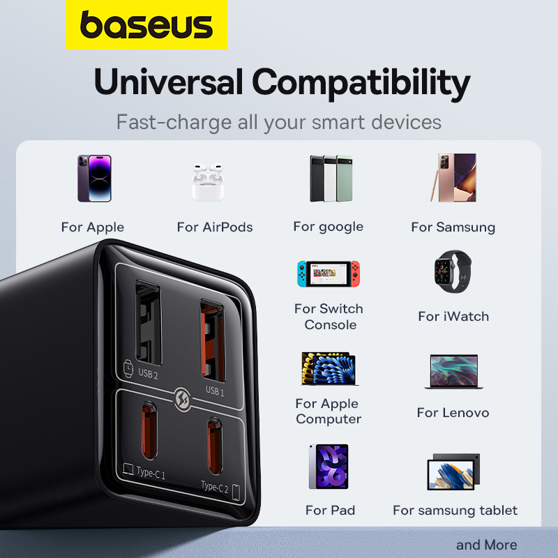 Sạc Nhanh OS-Baseus GaN6 Pro Fast Charger 2C+2U 65W (Chân cắm dẹp, Kèm cáp C to C 100W, 1m) - Hàng Chính Hãng
