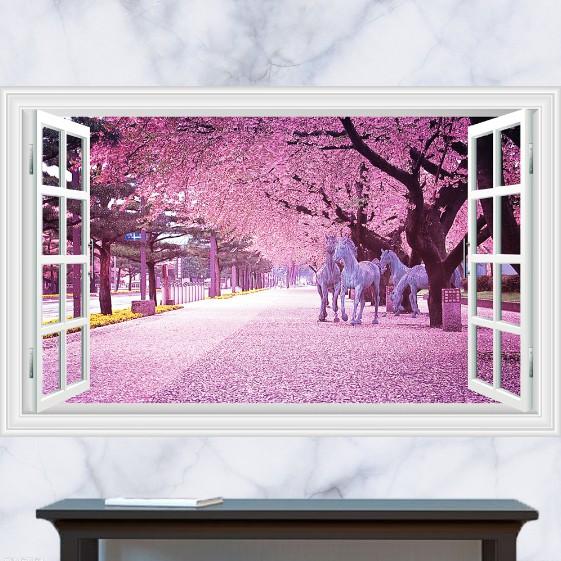 Decal trang trí khung cửa sổ 3D cảnh Ngựa Trắng và Hoa Anh Đào