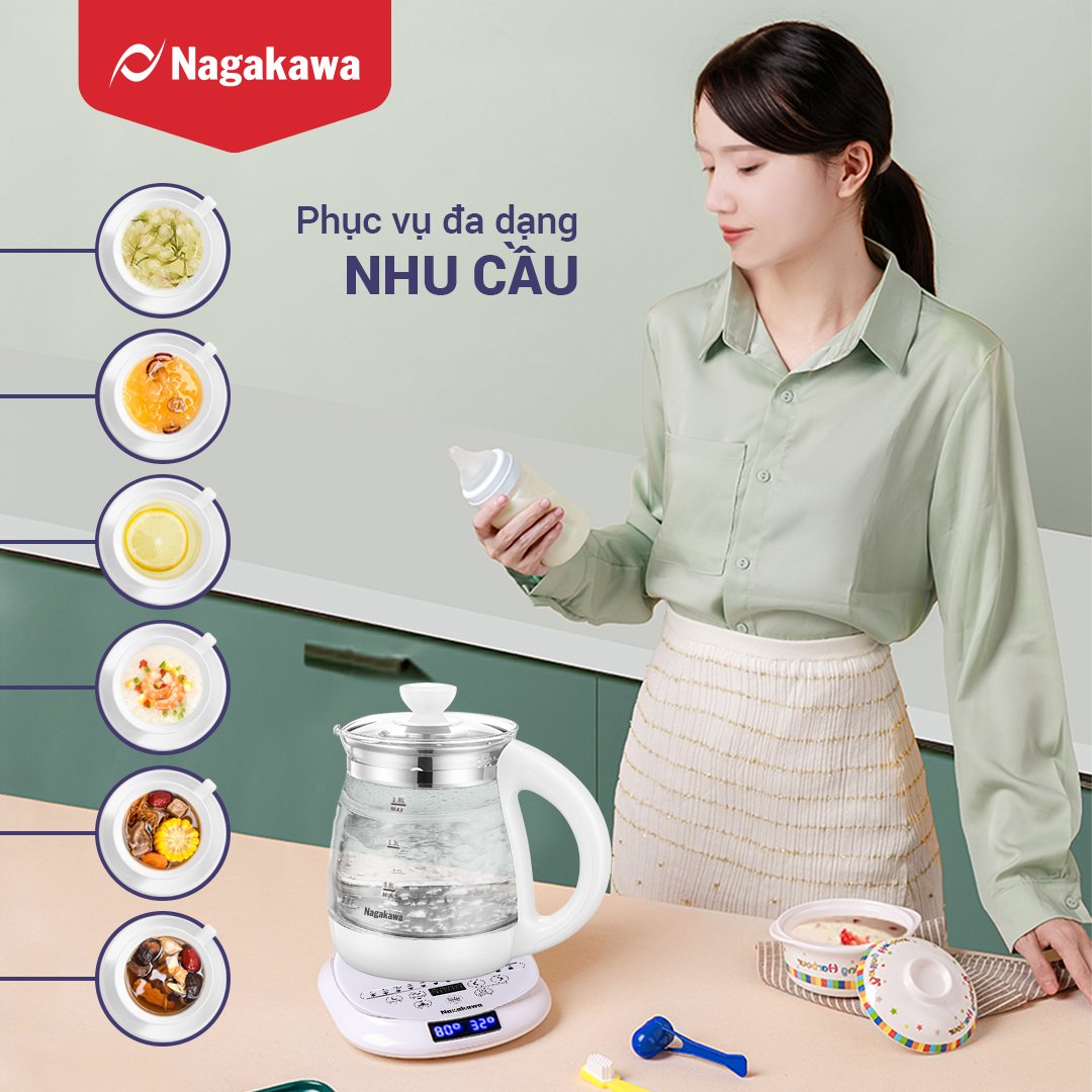 Ấm siêu tốc thủy tinh đa năng Nagakawa NAG0316 (1.8 Lít) - Hàng chính hãng