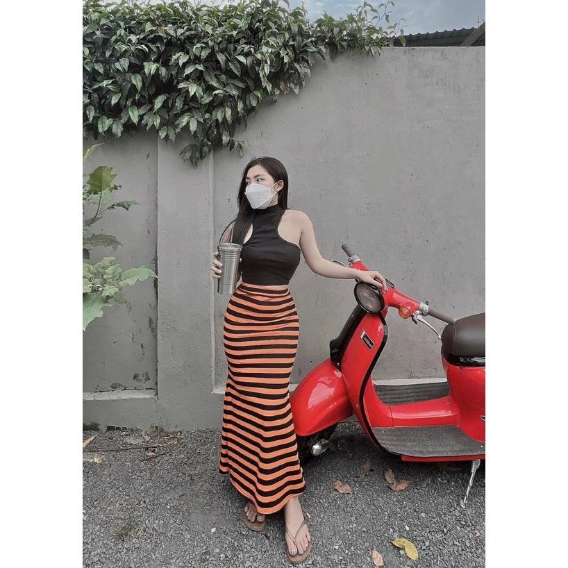 SET ĐỒ NỮ ĐI CHƠI, SET 2 MÓN ÁO KIỂU CROPTOP PHỐI CHÂN VÁY SỌC NGANG ĐUÔI CÁ CỰC SEXY - xanh lá