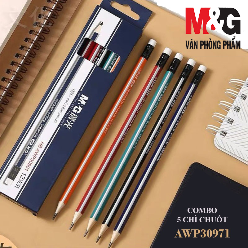 Combo 5  Bút chì chuốt M&amp;G AWP30971 nhiều màu, ngòi HB