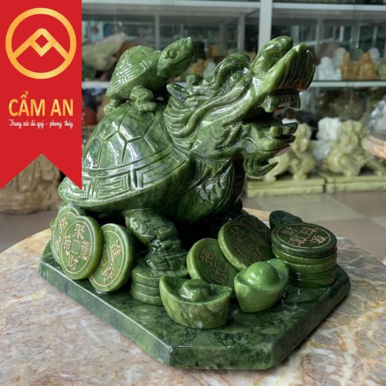 Tượng Long Quy cõng con phong thủy đá ngọc Serpentine Ấn độ - Dài 22 cm