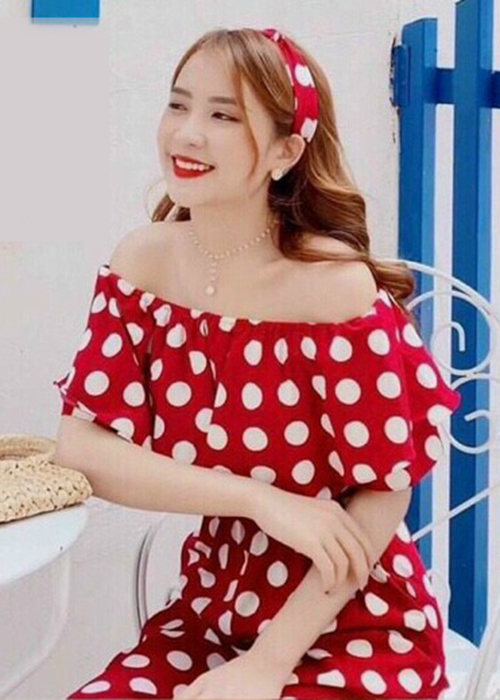 Jumpsuits Trễ Vai Eo Thun Họa Tiết Chấm Bi Duyên Dáng