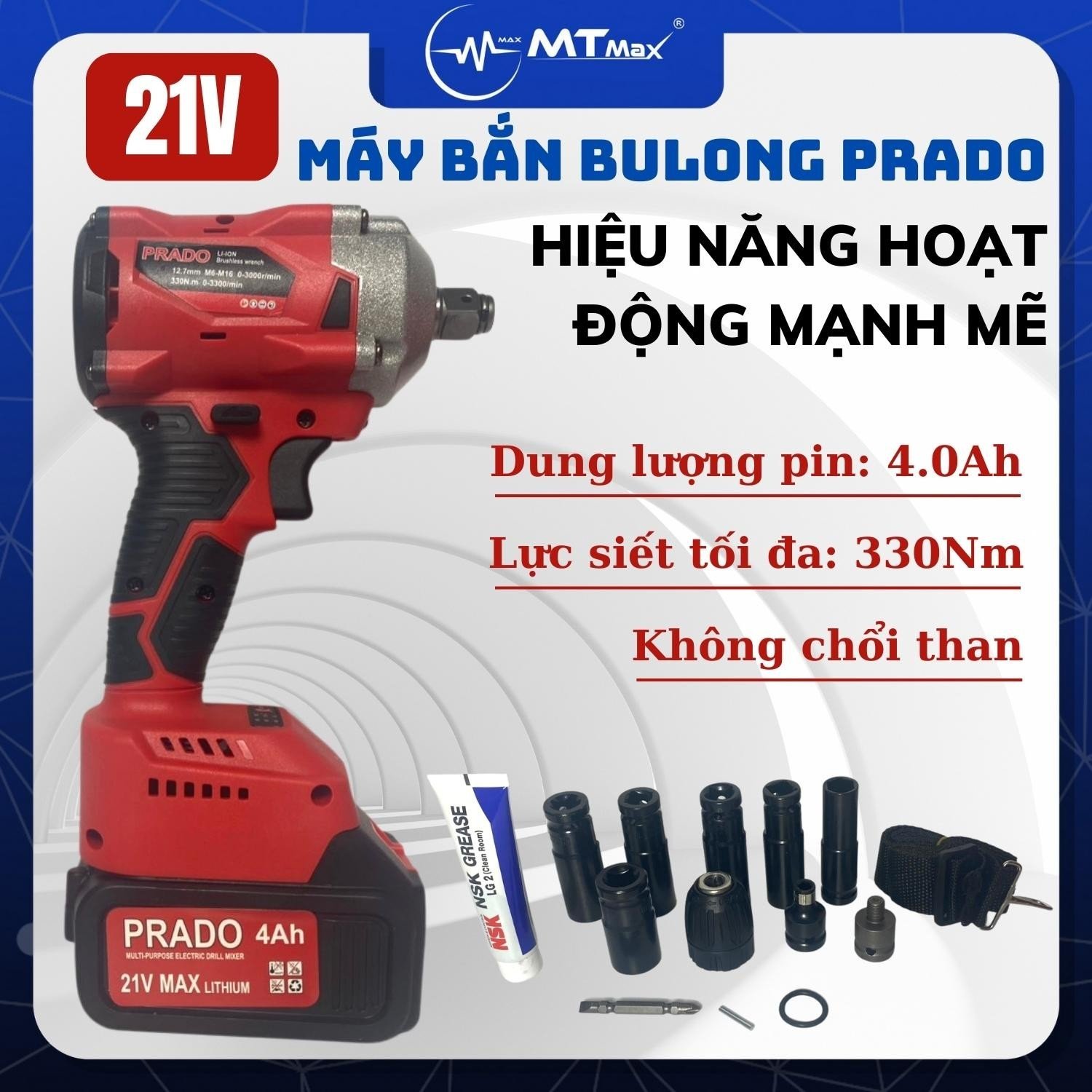 Máy Bắn Bulong Prado 21V – Tặng Kèm 2 Pin 21V, Lực Siết 330Nm, Lỗi Đồng 100%, Bọc Ngoài Bằng Nhựa Cao Cấp, Tay Cầm Được Bọc Lớp Cao Su. Cầm Rất Chắc Tay