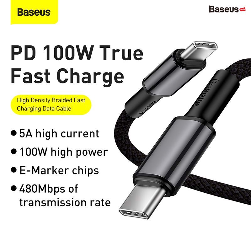 Cáp sạc nhanh siêu bền C to C Baseus High Density Braided PD 100W - Hàng chính hãng