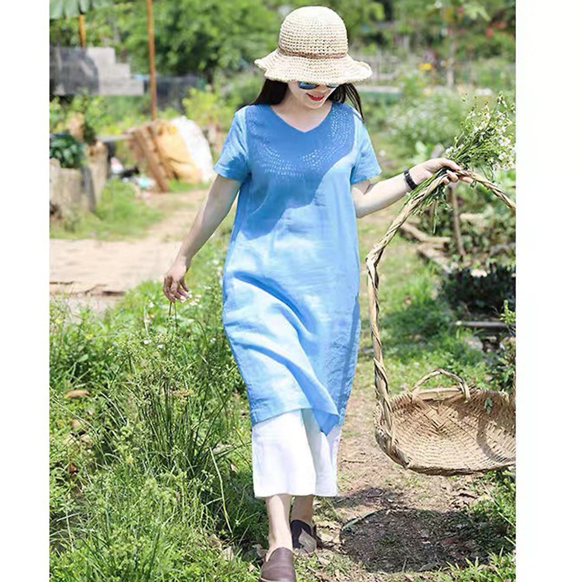 Sét Đầm Suông Linen ngắn tay cồ tim kèm Quần ống rộng ArcticHunter