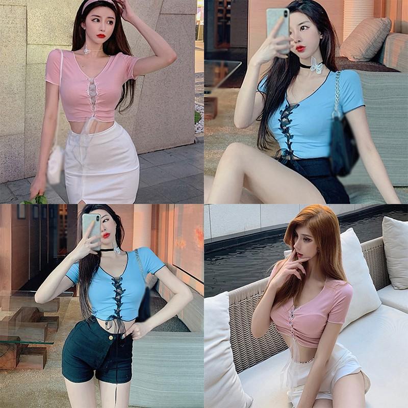 Áo Thun Tay Ngắn Cổ Chữ V Màu Trơn Quyến Rũ Cho Nữ