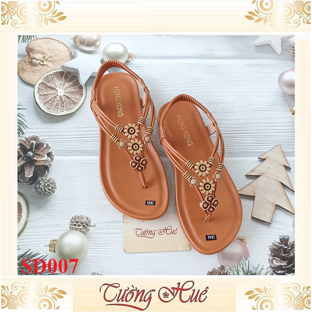 [Ảnh Thật 100%] Sandal Nữ Xỏ Ngón Quai Đính Hoa Đế Bệt - SD007