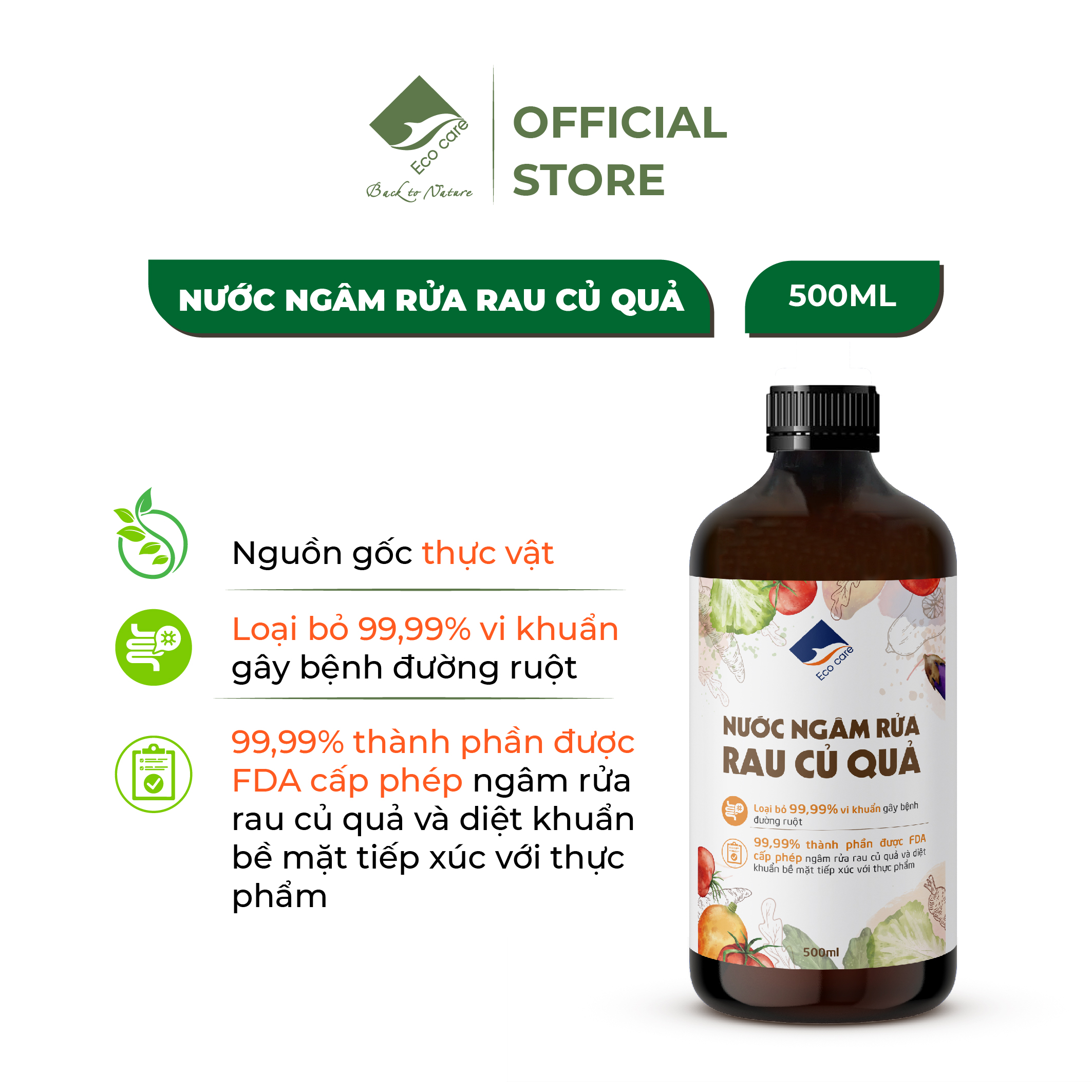 Nước ngâm rửa rau củ quả sinh học Ecocare hương Cam - Chai 500ml