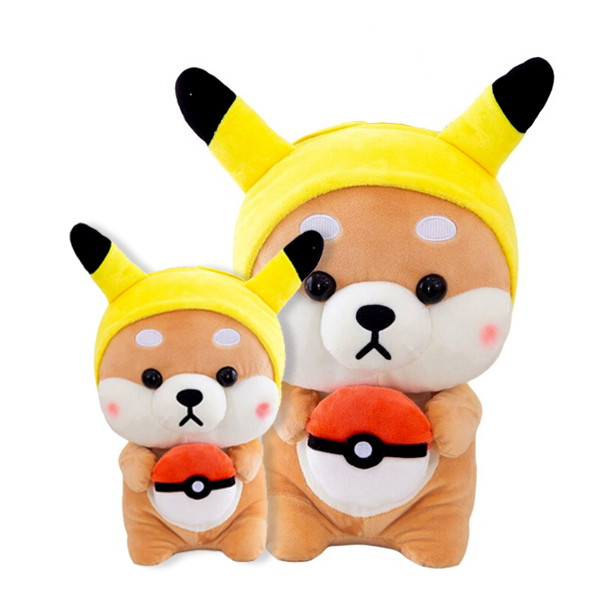 Gấu Bông Shiba Đội Nón Pikachu Siêu Dễ Thương 25cm - Tặng Kèm Móc Khóa Siêu Anh Hùng Thần Sấm