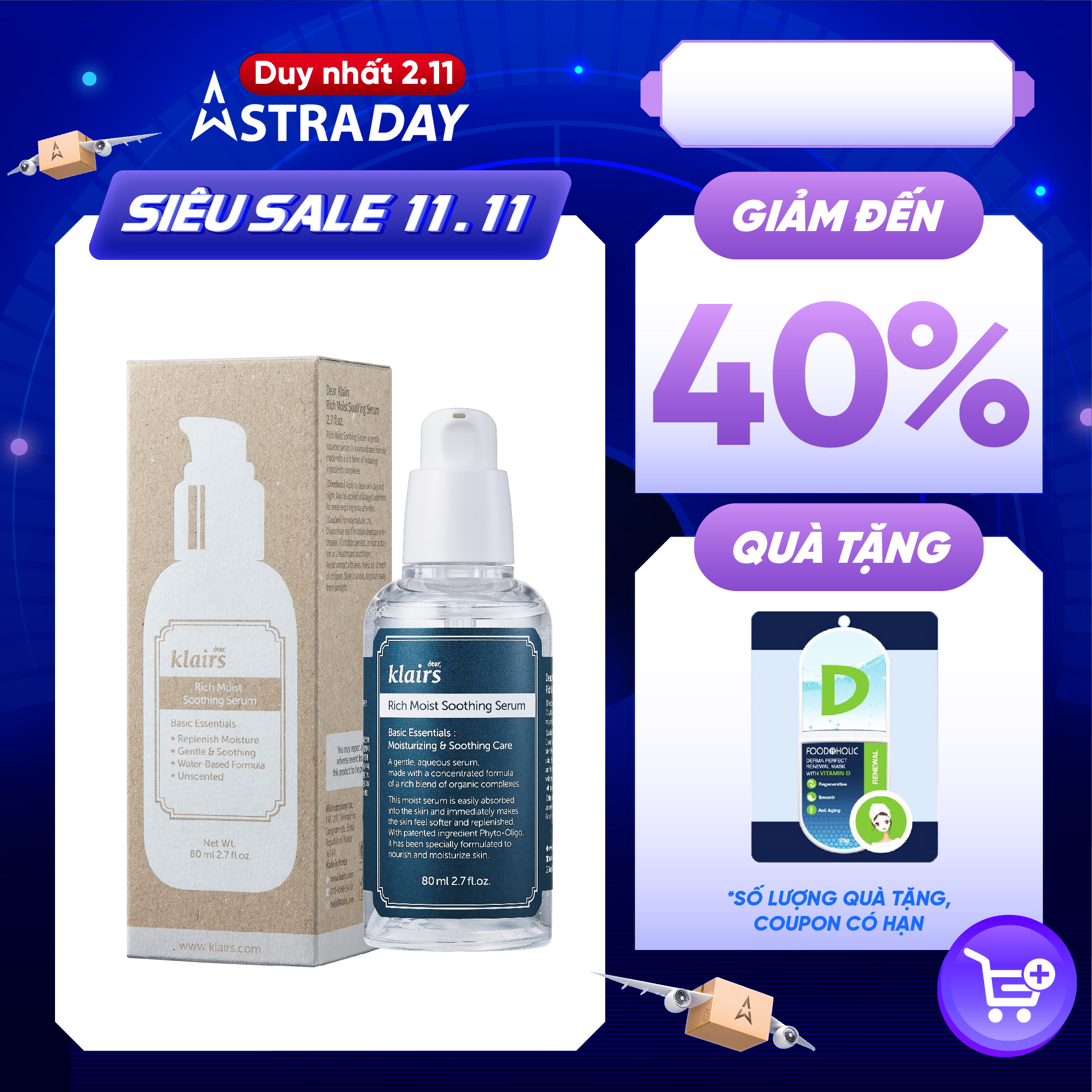 Serum Dưỡng Ẩm, Ngăn Ngừa Lão Hóa Dear, Klairs Rich Moist Soothing 80ml