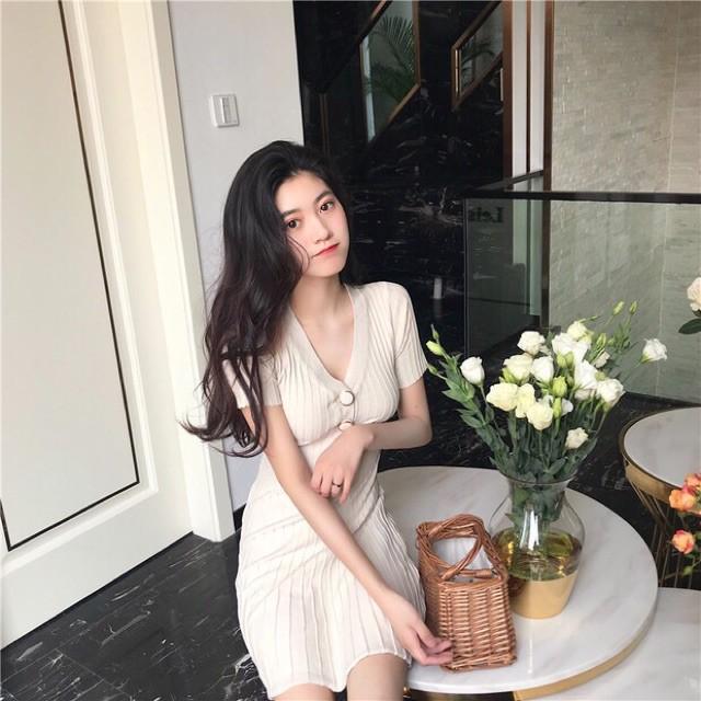 Váy len cổ tim ôm body ulzzang (có ảnh thật