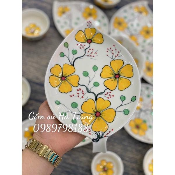 Bộ bát đĩa gốm sứ Bát Tràng cao cấp không chì hoa 6 cánh vẽ hoa vàng