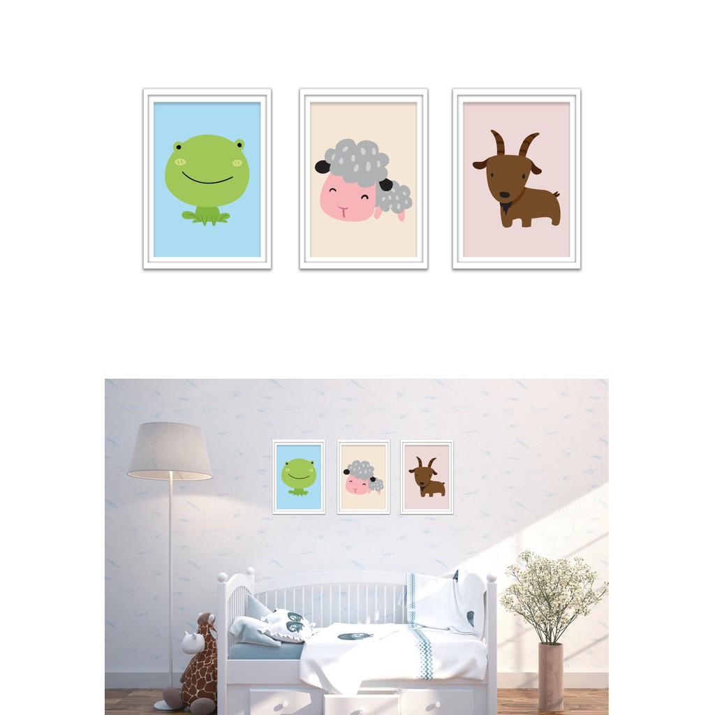 Bộ 3 tranh canvas Ếch, cừu và dê trang trí phòng bé trai