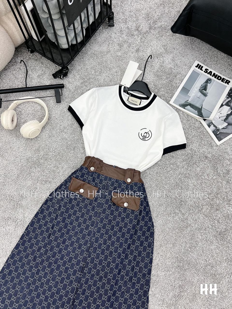 SET ĐI CHƠI, SET 2 MÓN ÁO THUN TAY NGẮN VIỀN PHỐI CHÂN VÁY DÀI PHỐI DA CỰC SANG CHẢNH