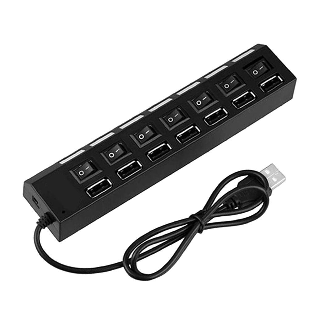 7-Port USB 2.0 High Speed Hub Adapter ON/OFF Switch with LED Indicator Black