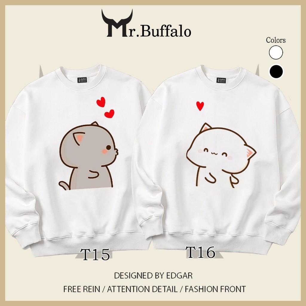 Áo Sweater cặp đôi Mèo mochi T15T16 dễ thương Mr.Buffalo - T16 - ĐEN