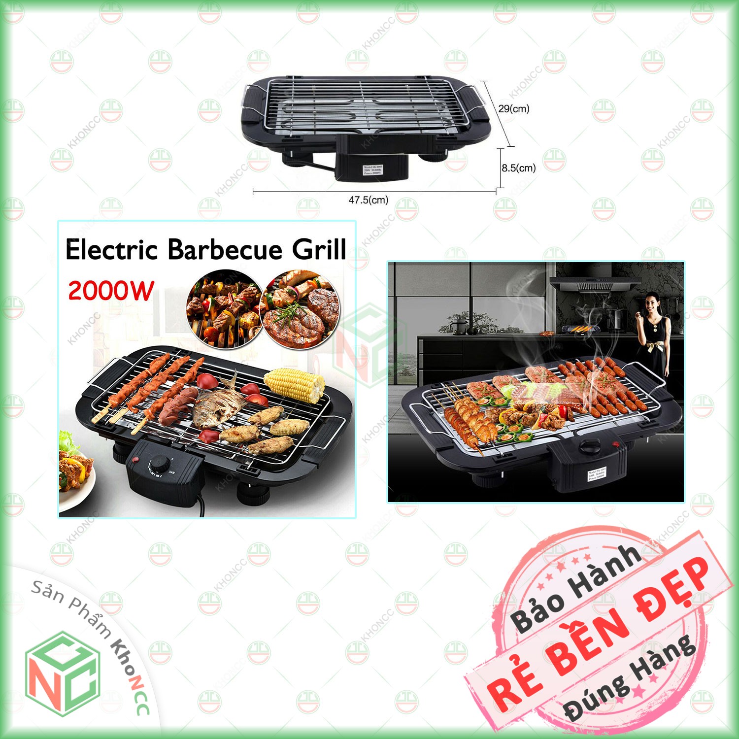 (Loại Tốt) Bếp Vỉ Nướng Điện Không Khói BBG KhoNCC - Electric BarBecue Grill 2000W - KPD-BEPDKK-425 - Hàng Chính Hãng