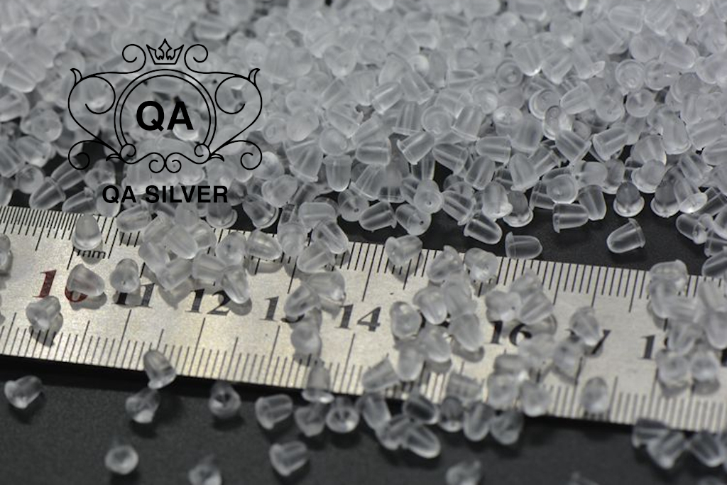 Chốt khuyên tai nhựa tròn trong suốt đế bông silicon cao su Bullet Earring Backs QA SILVER AC200604