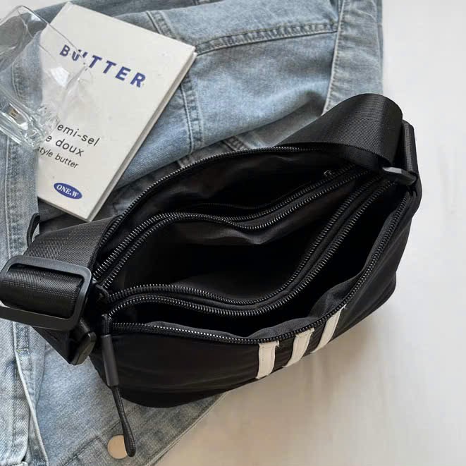 Túi Xách Sọc Đen Nữ Vải Nylon – Túi Đeo Vai Dây Kéo 3 Lớp, Phong Cách Hàn Quốc - HÀNG CHÍNH HÃNG MINIIN