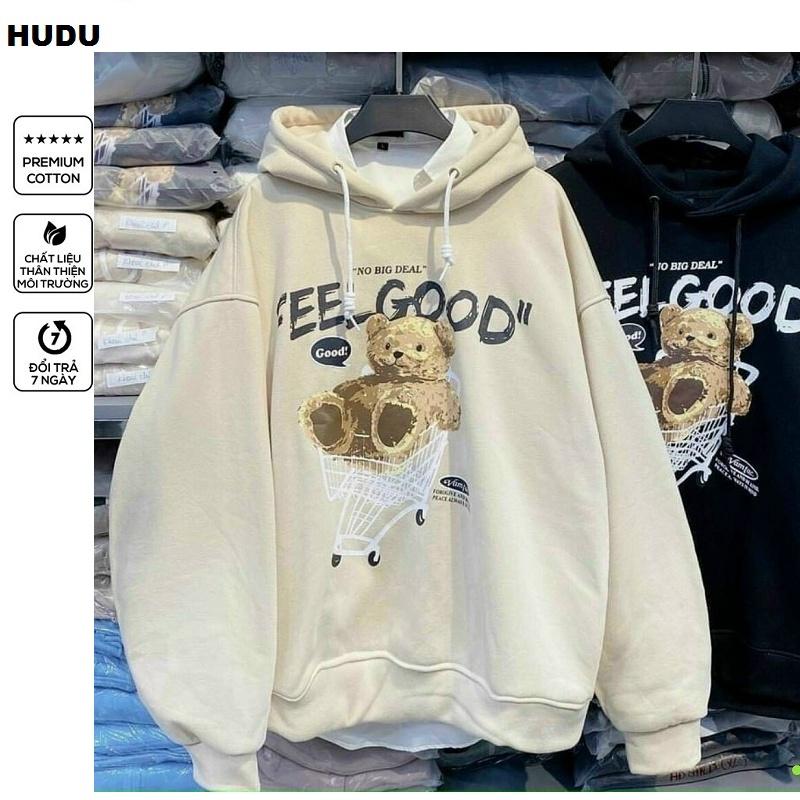 ÁO KHOÁC HOODIE NAM NỮ FORM RỘNG TAY PHỒNG MÀU BE VẢI NỈ DÀY MỊN, ÁO HOODIE UNISEX IN GẤU FEELGOOD