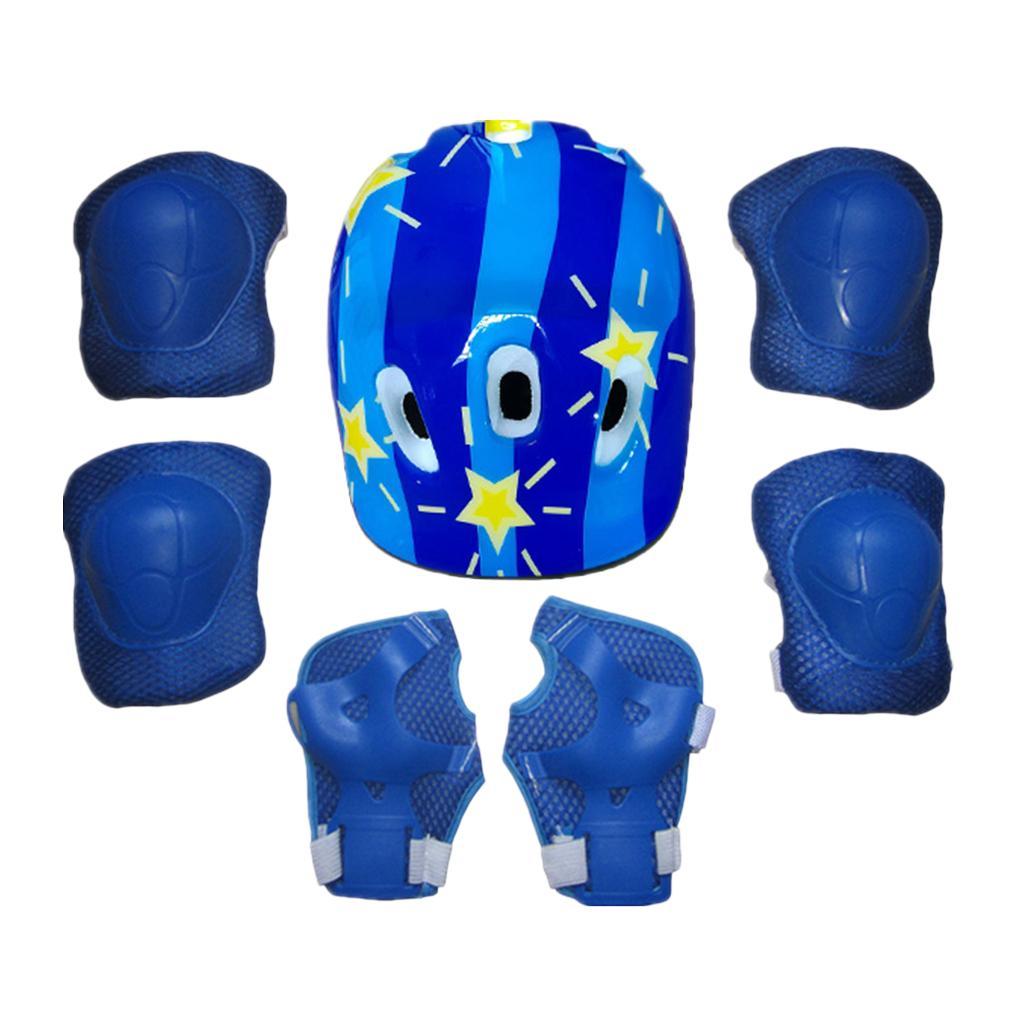 Set of 7 Pcs Kids Adult Roller Skating Helmet Knee Wrist Guard Elbow Pad Blue