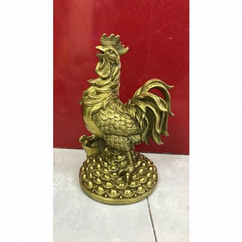 Tượng gà đứng trên thỏi vàng bằng đồng kích thước 26,6x15cm