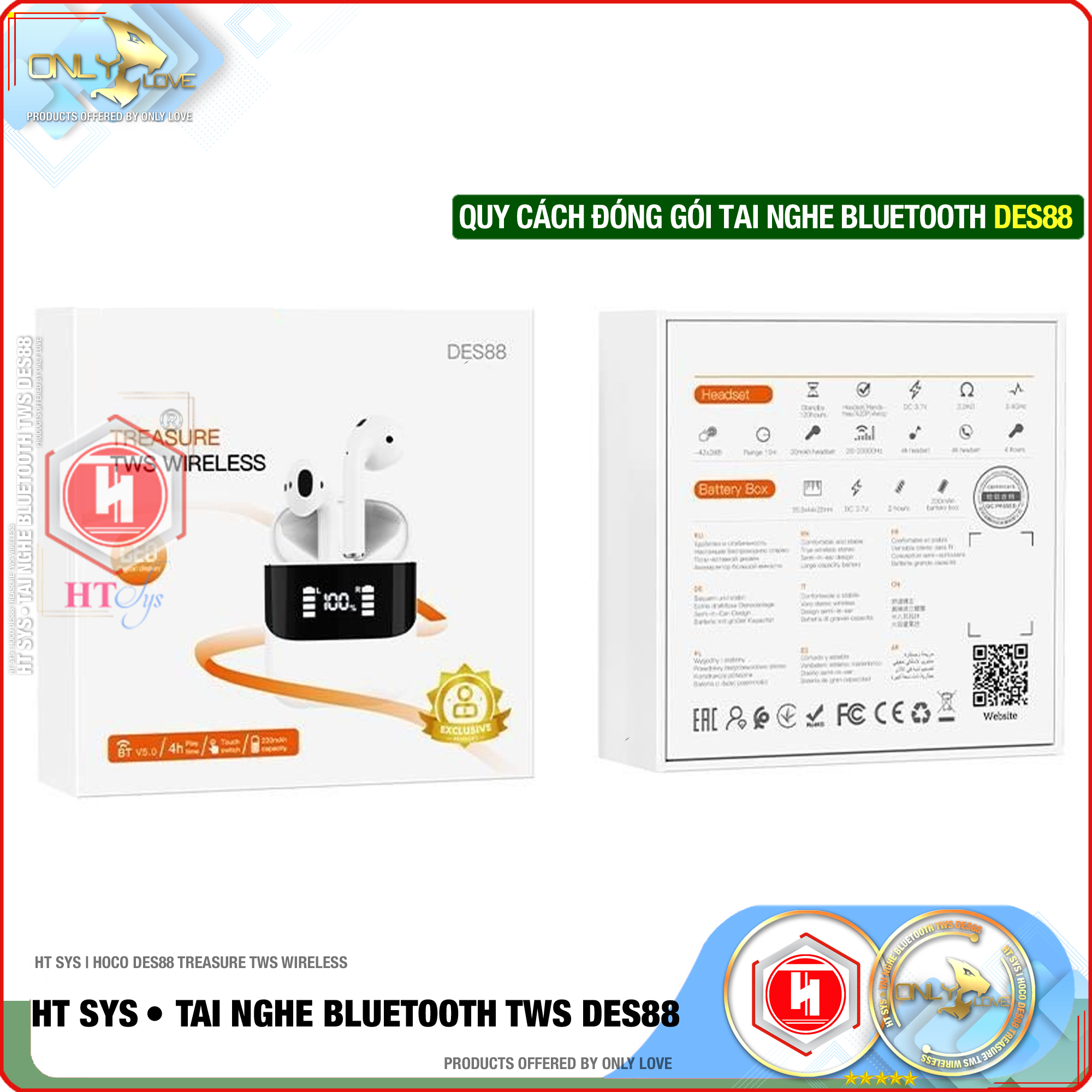 Tai Nghe Bluetooth Nhét Tai Không Dây HT SYS hocoDES88 - Tai Nghe Bluetooth True Wireless V5.0 -Pin Dock Sạc 320mAh - Thời Gian Sử Dụng 4h - Thời Gian Chờ 200h - Hàng Nhập Khẩu