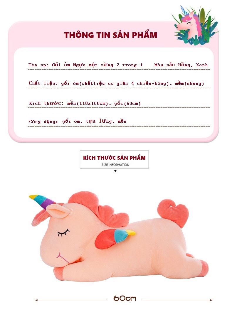 Gấu Bông Unicorn – Ngựa 1 Sừng Pony Siêu Cute (Mền + Gối) 2 in 1