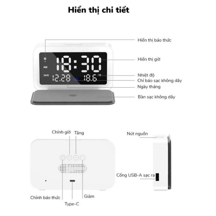 Đồng hồ led để bàn màn  LED , hiển thị thời gian, sạc điện thoại không dây chuông báo thức 3 chế độ