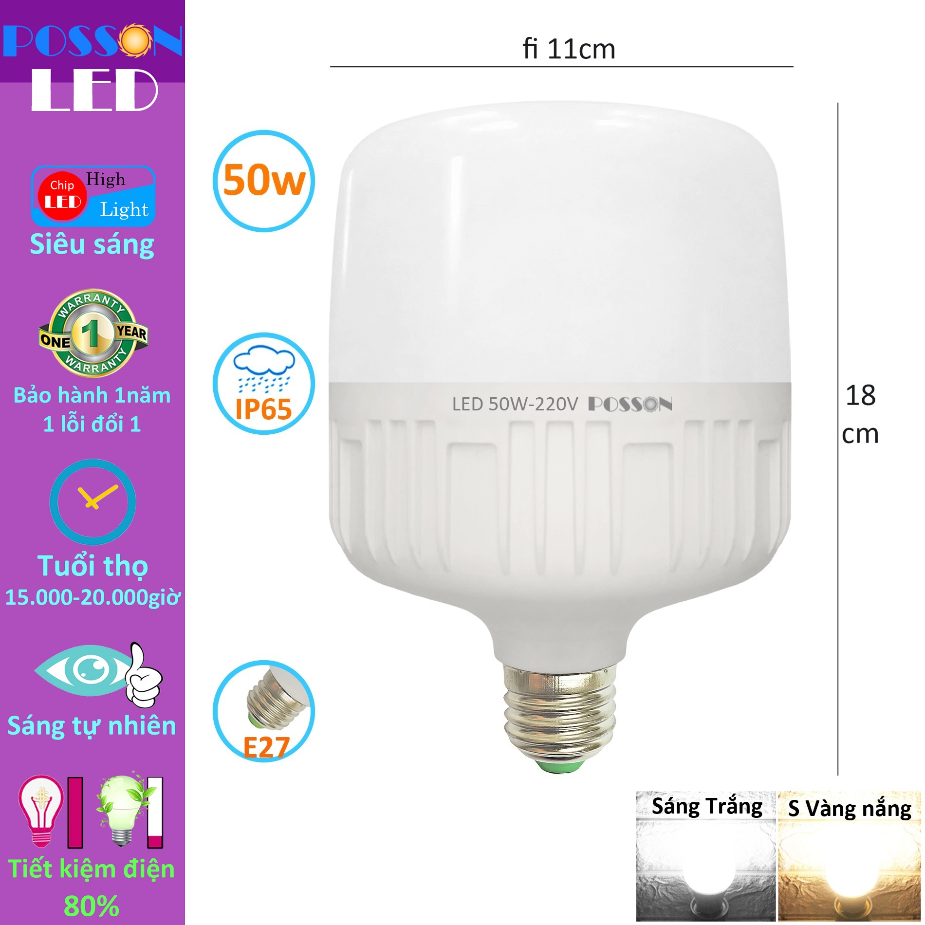 10 Bóng đèn Led trụ 50w bup trụ T110 siêu sáng tiết kiệm điện thân kín chống nước mưa Posson LC-50x