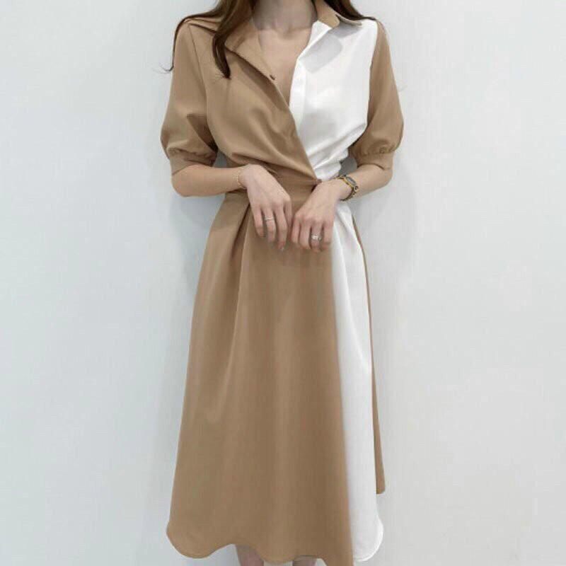 Đầm sơmi phối màu xoè tay phồng S.MLXL