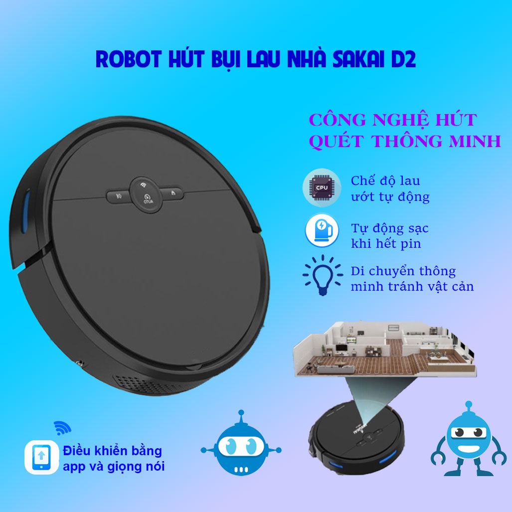 Robot hut bụi lau nhà D2, rô bốt hút bụi, Máy hút bụi gia đình Không Dây loại tốt Công suất cực mạnh pin khủng 4000mAH có hộp nước lau khô ướt, cảm biến chống rơi, chống va chạm