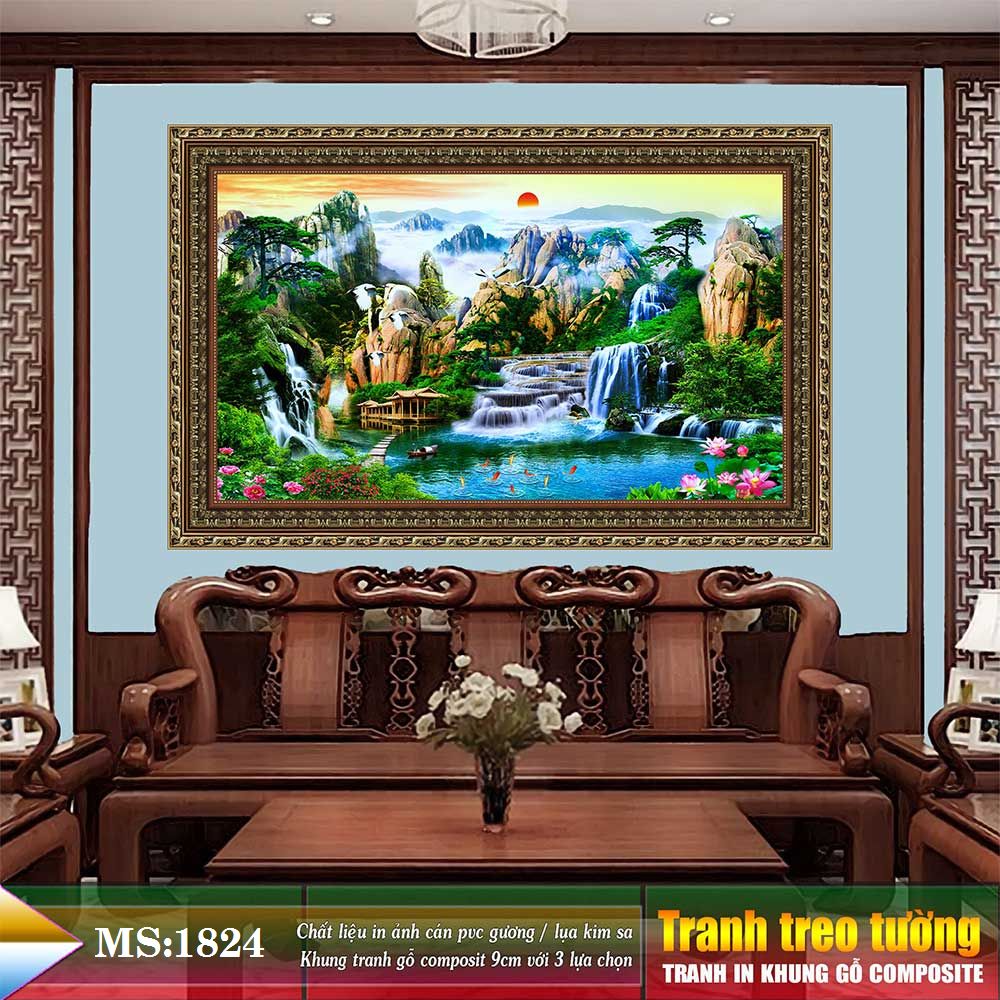Tranh treo tường phòng khách, phòng ngủ SƠN THỦY HỮU TÌNH khung gỗ composit chất liệu pvc gương / lụa kim sa. MS:1824L9