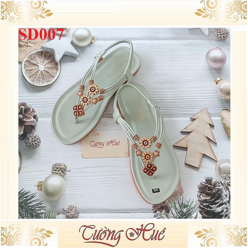 [Ảnh Thật 100%] Sandal Nữ Xỏ Ngón Quai Đính Hoa Đế Bệt - SD007