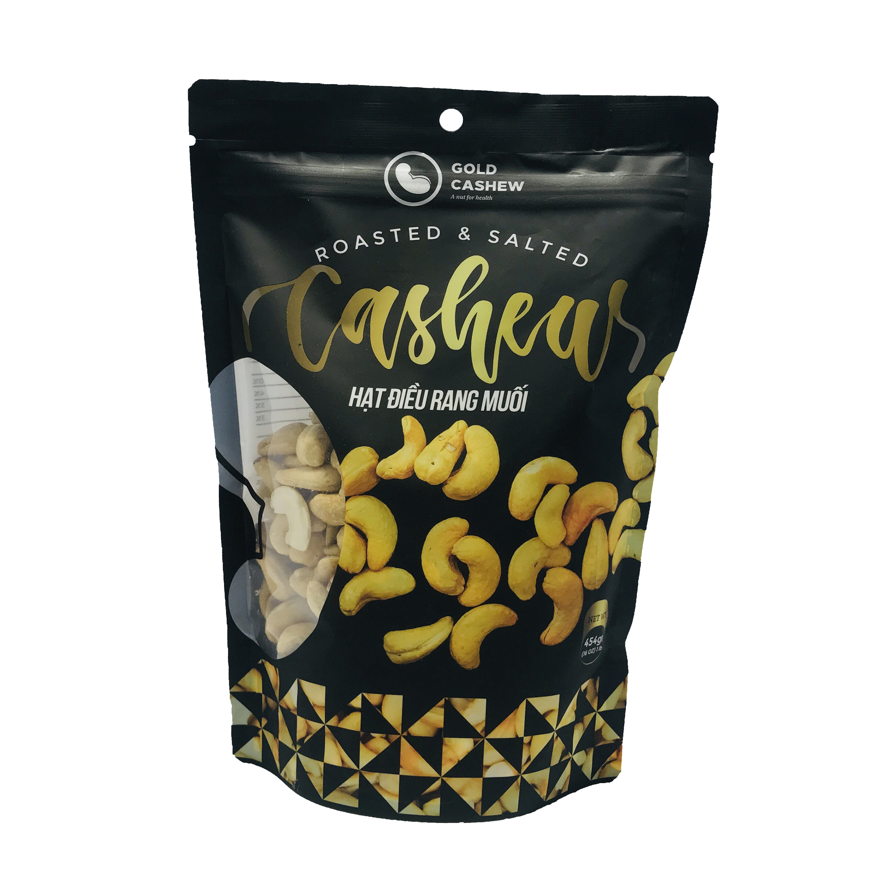 Hạt Điều Rang Muối Cao Cấp Gold Cashew (Gói 454g) - Premium Roasted &amp; Salted Cashew, Chuẩn hạt điều size WW240, Công nghệ rang không dầu và muối tinh thể, Không chất bảo quản, Không Cholesterol