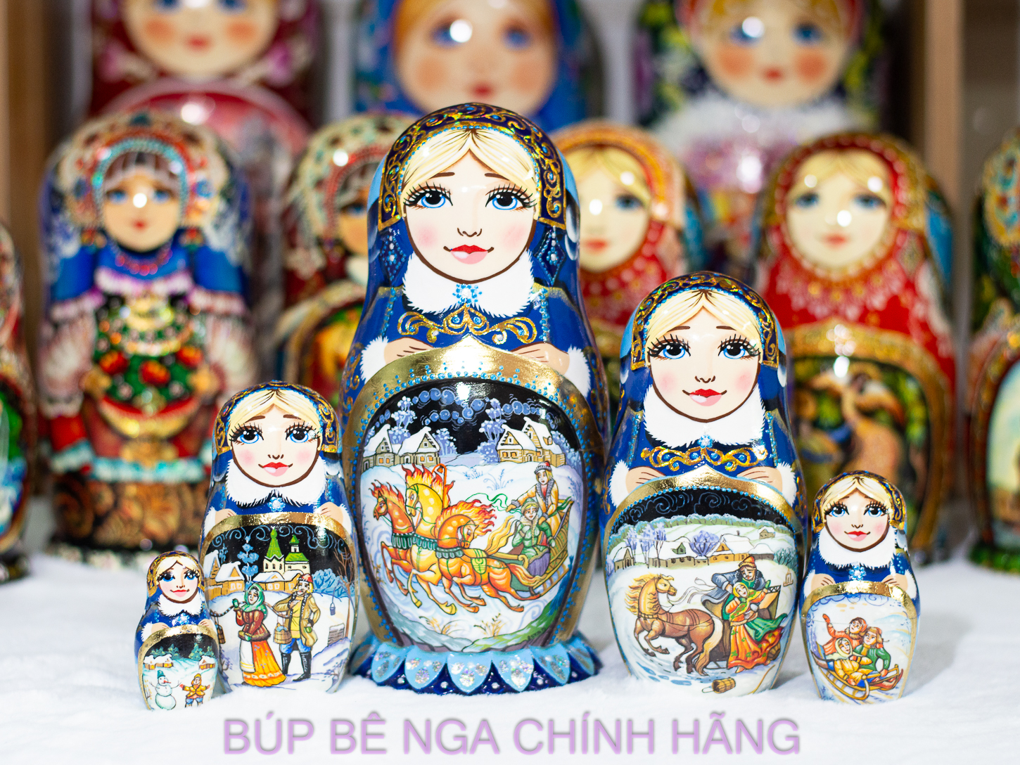 BỘ BÚP BÊ NGA MATRYOSHKA CAO CẤP 5 LỚP 20CM ĐIÊU KHẮC CHẠM NỔI HOA VĂN "CÔNG CHÚA MÙA ĐÔNG" MÀU XANH CỰC ĐẸP VÀ SANG TRỌNG