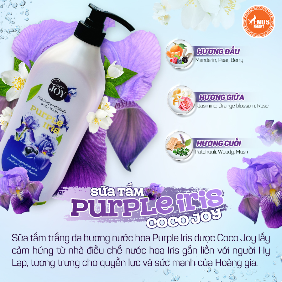 Sữa tắm trắng da hương nước hoa Cocojoy chiết xuất hoa Purple Iris và protein ngọc trai, dưỡng trắng, cấp ẩm, thơm lâu 6g, 500g, 900g