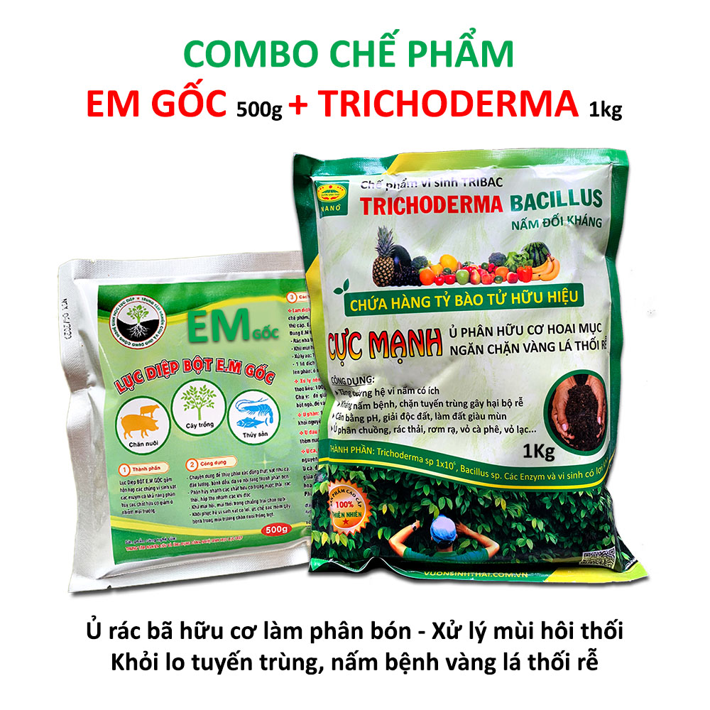 Combo 1 gói Chế phẩm EM gốc và 1kg Nấm đối kháng Trichoderma TRIBAC. Ủ phân cá, rác bã hữu cơ hoai mục nhanh không mùi hôi. Ngăn chặn nấm bệnh gây thối rễ vàng lá