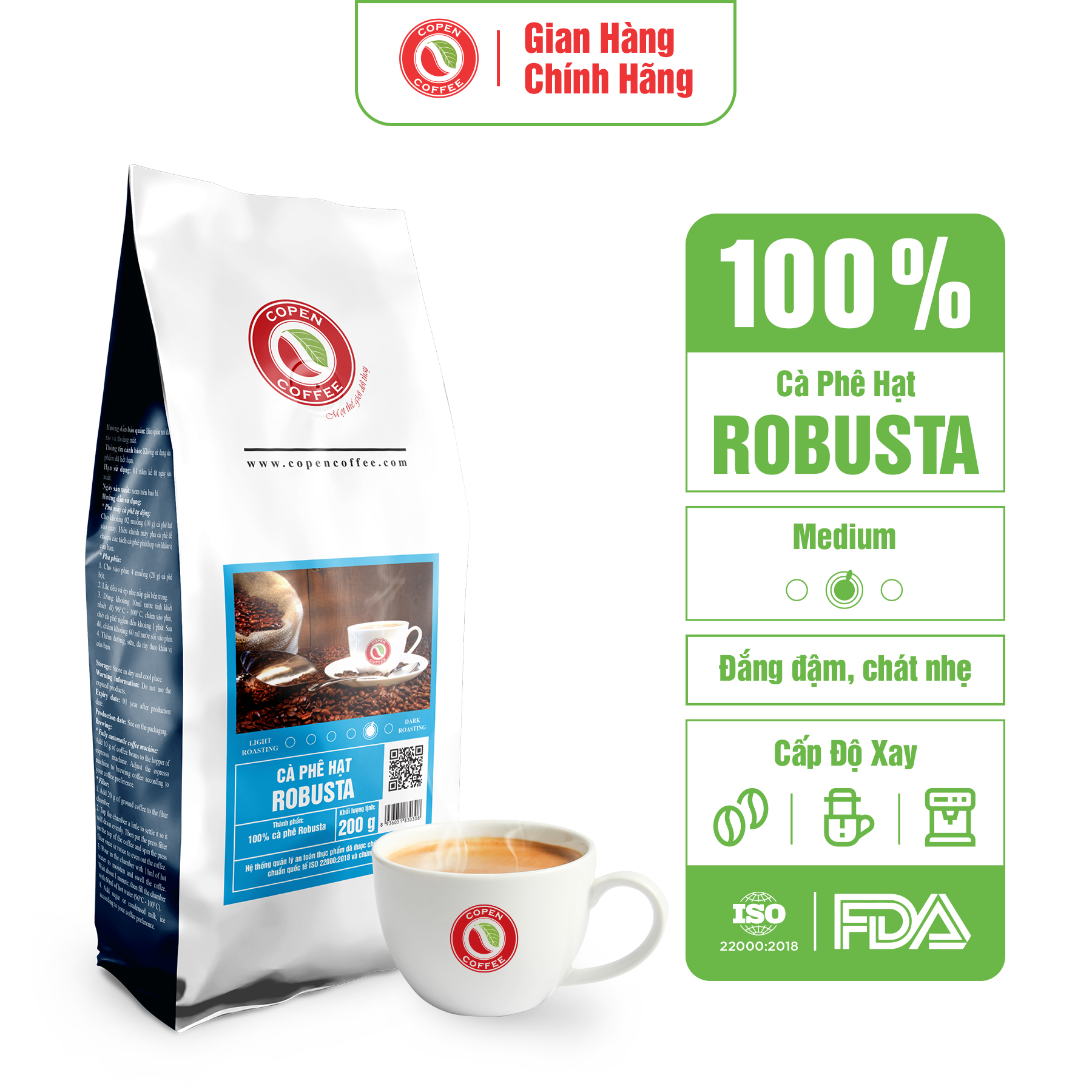 Cà phê hạt Robusta nguyên chất rang mộc - Copen Coffee - Gu truyền thống đậm đà, thơm nồng - Gói 200g
