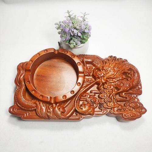 GẠT TÀN THUỐC LÁ GỖ NGUYÊN KHỐI CHẠM RỒNG LỬA ĐỂ BÀN CỰC ĐẸP - ẢNH THẬT