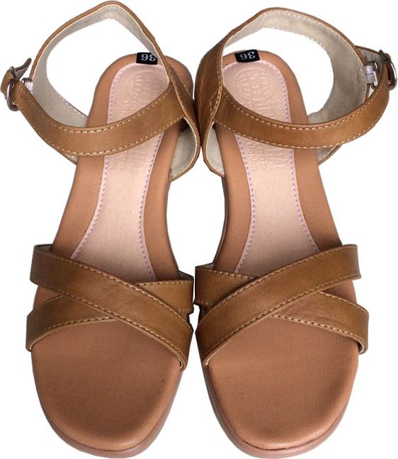 Giày sandal nữ Trường Hải quai chéo da bò thật gót vuông đế PU siêu nhẹ màu vàng SDN0412 [HÌNH ẢNH THẬT